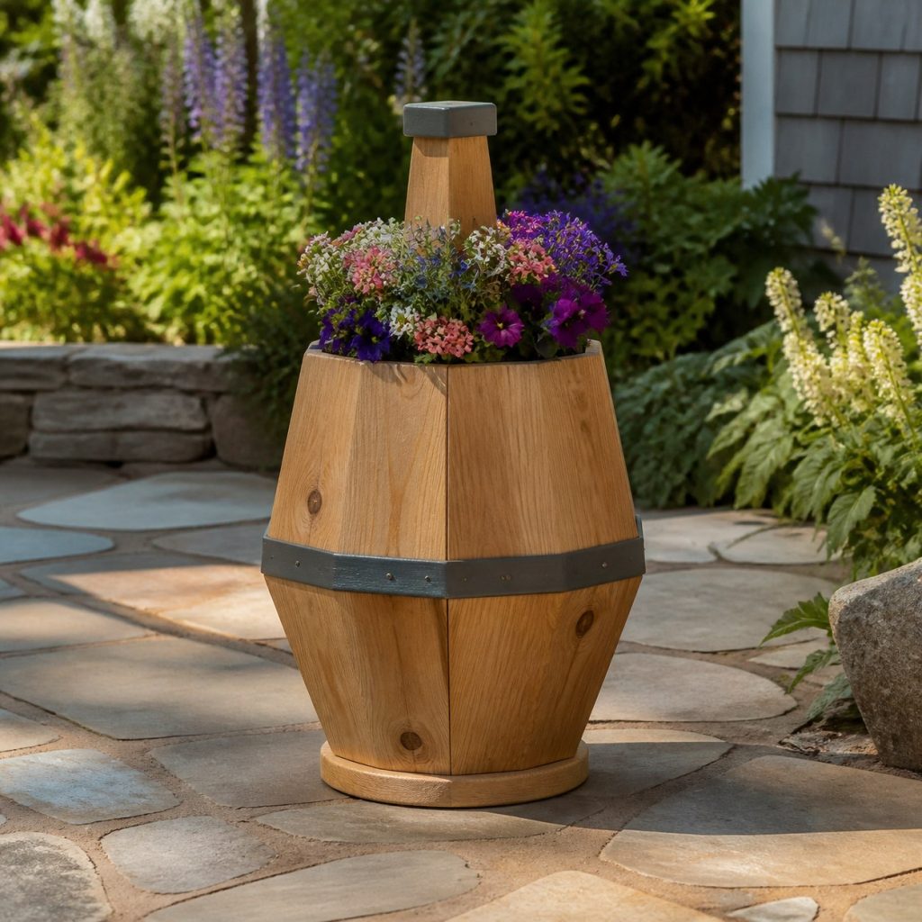 Buoy with Galvanized Liner shown as a square photorealistic cedar buoy-shaped garden planter filled with flowers