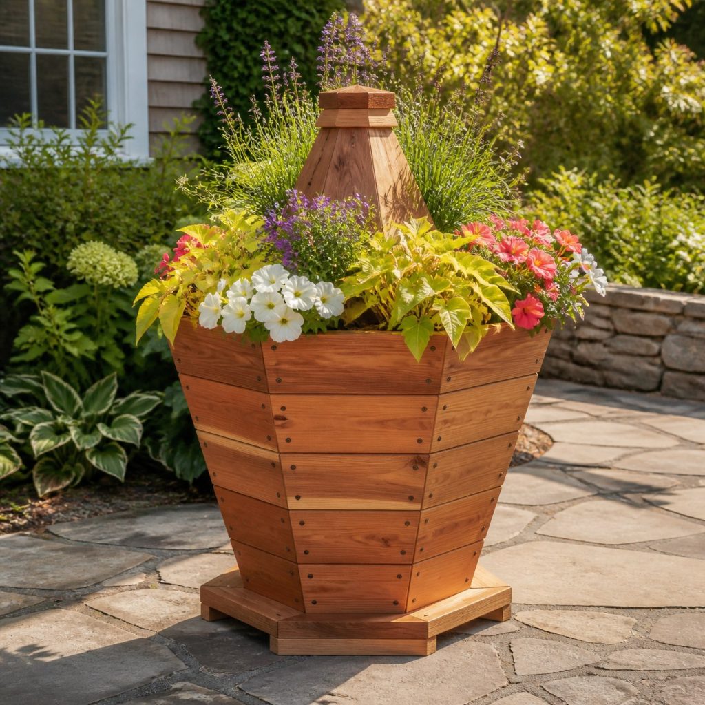 Modern Geometric Buoy shown as a square photorealistic cedar buoy-shaped garden planter filled with flowers