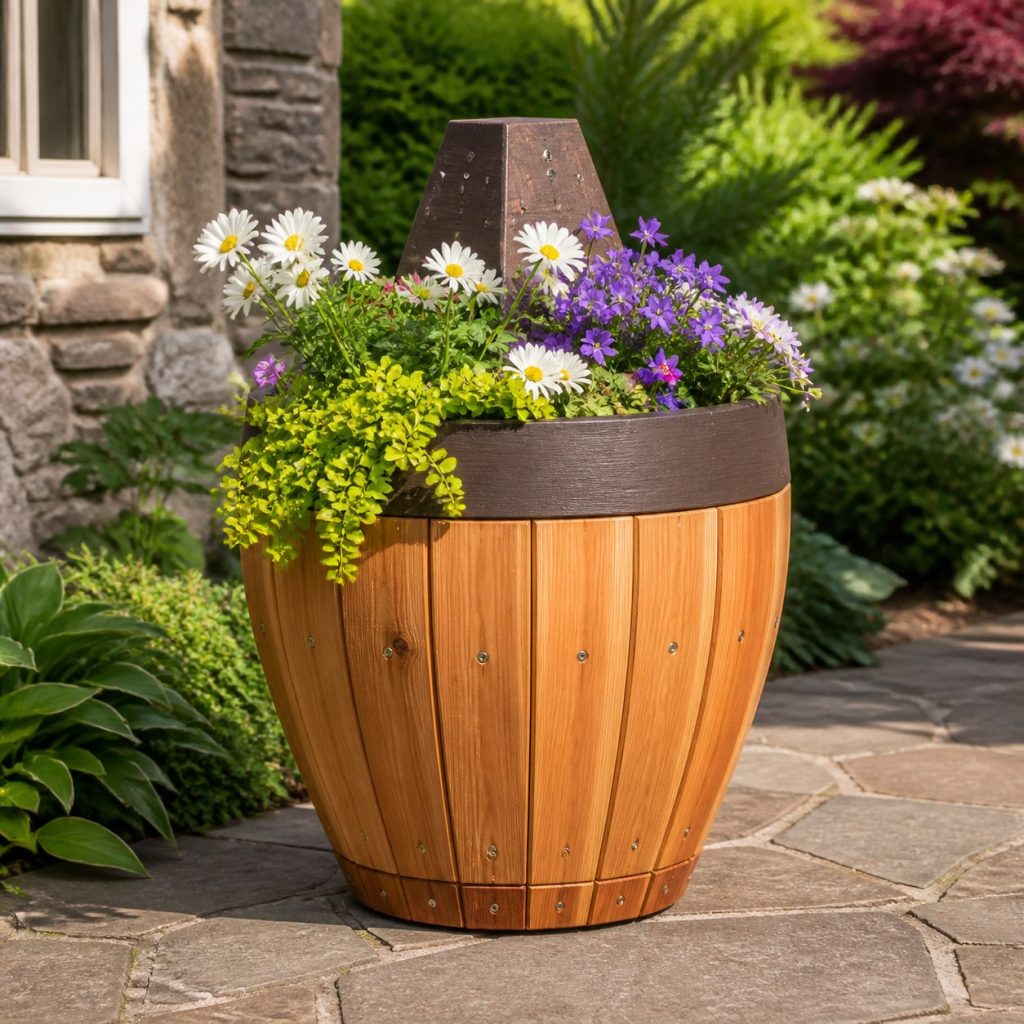 Two-Tone Cedar Buoy shown as a square photorealistic cedar buoy-shaped garden planter filled with flowers