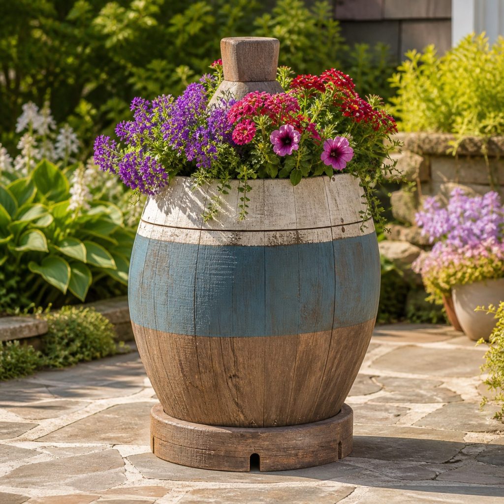 Weathered Cottage Buoy shown as a square photorealistic cedar buoy-shaped garden planter filled with flowers