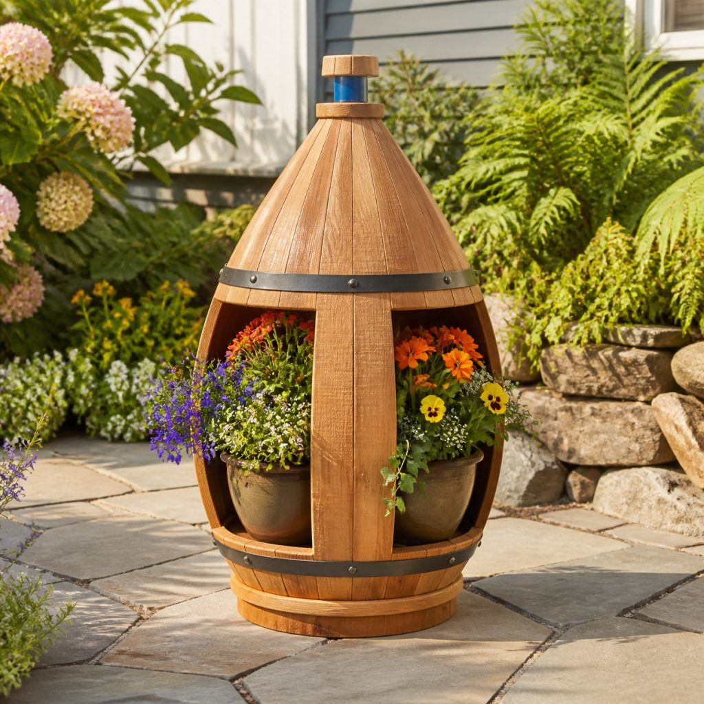 Buoy with Twin Flower Pots shown as a square photorealistic cedar buoy-shaped garden planter filled with flowers