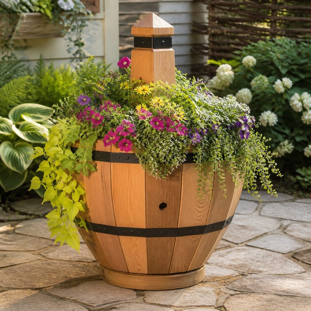 Trailing-Flower Buoy shown as a square photorealistic cedar buoy-shaped garden planter filled with flowers