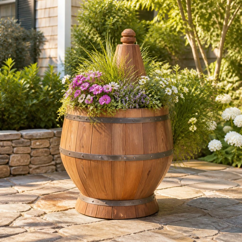 Large Grass-Filled Buoy shown as a square photorealistic cedar buoy-shaped garden planter filled with flowers
