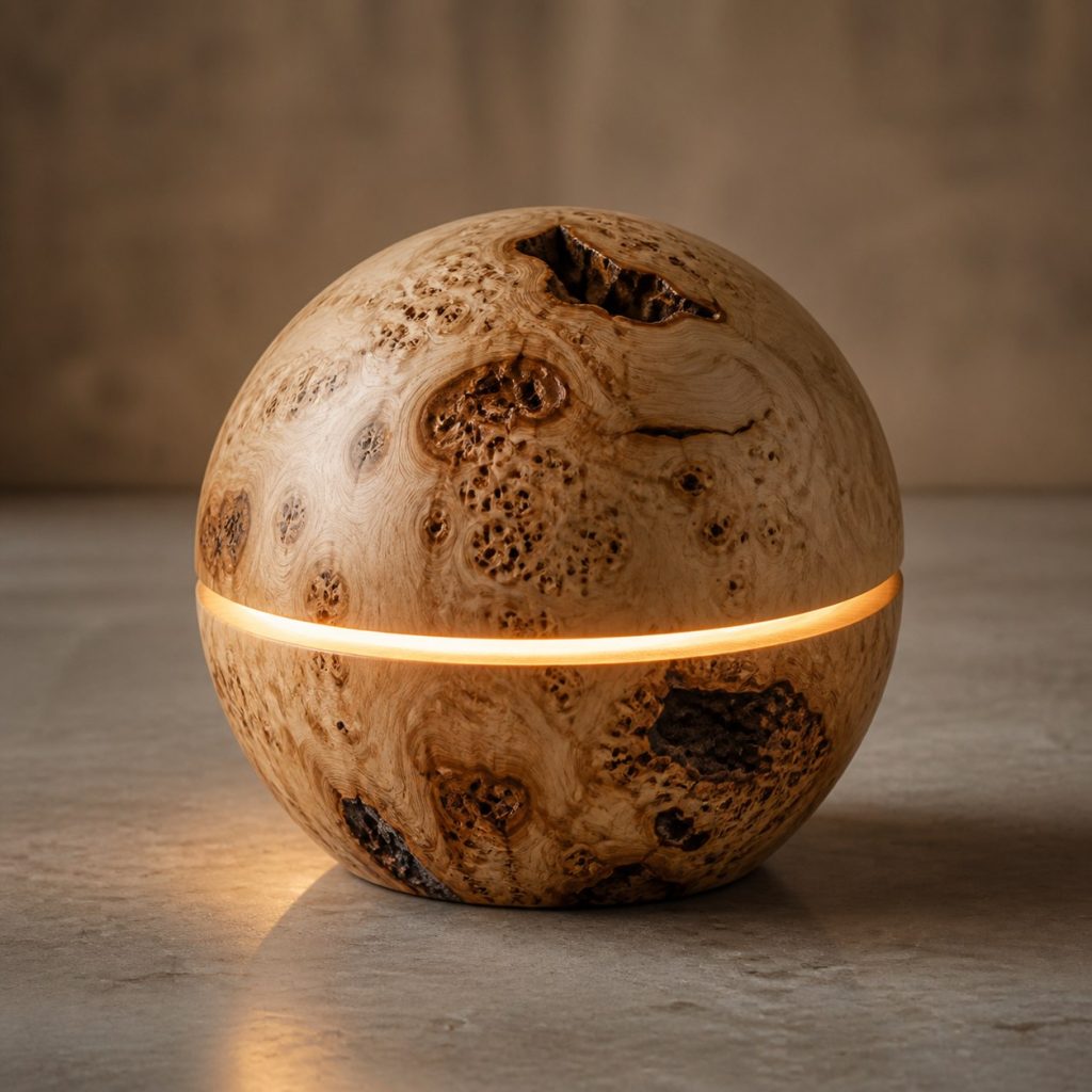 Maple Burl Orb Lamp shown as an original square photorealistic burl wood lamp dominated by authentic wood texture and warm diffused light
