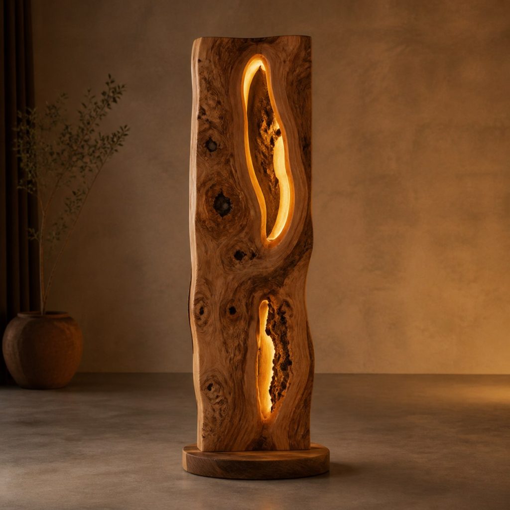 Redwood Burl Slab Floor Lamp shown as an original square photorealistic burl wood lamp dominated by authentic wood texture and warm diffused light