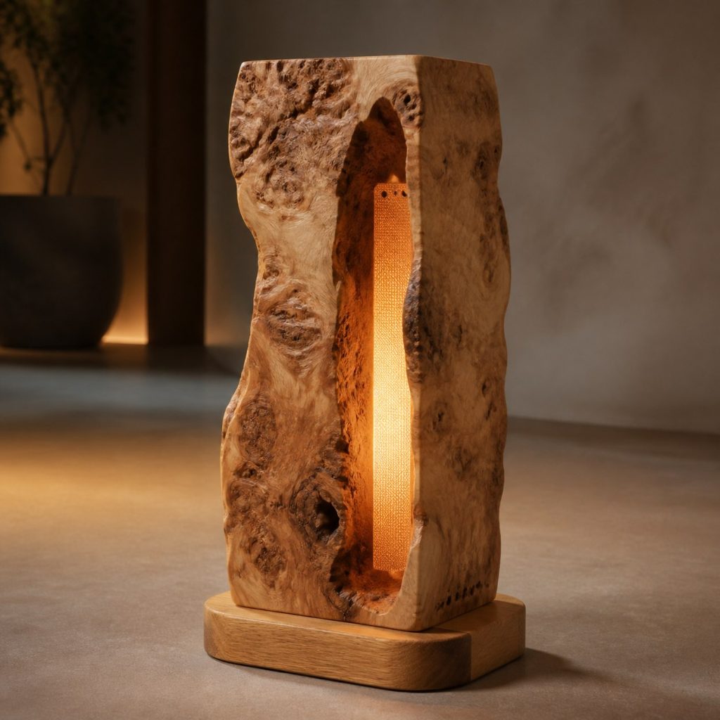 Oak Burl Shell Lantern shown as an original square photorealistic burl wood lamp dominated by authentic wood texture and warm diffused light