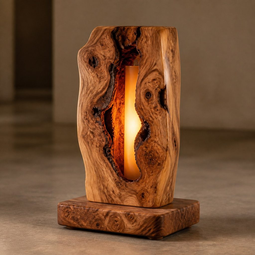 Olive Burl Accent Lamp shown as an original square photorealistic burl wood lamp dominated by authentic wood texture and warm diffused light