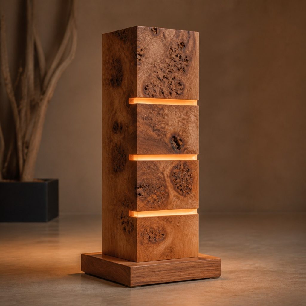 Cherry Burl Light-Slot Column shown as an original square photorealistic burl wood lamp dominated by authentic wood texture and warm diffused light