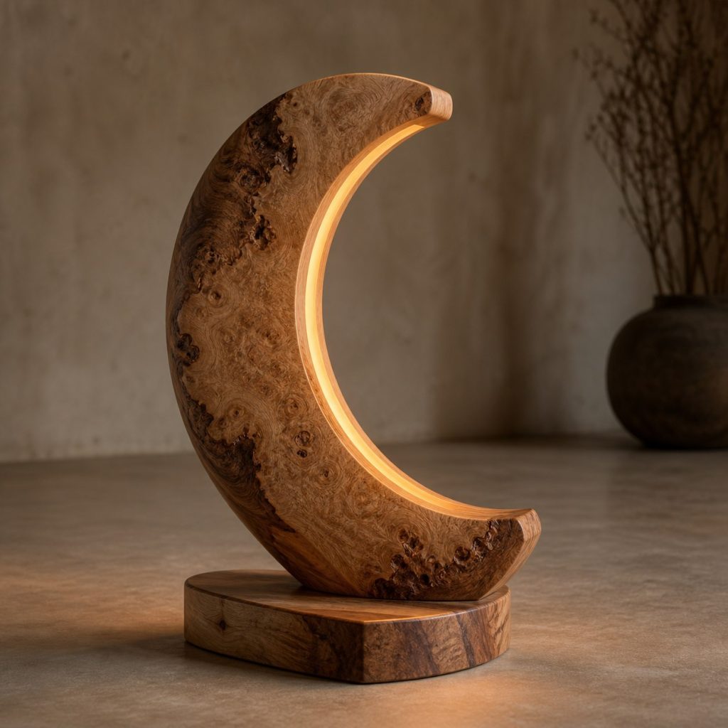 Ash Burl Crescent Lamp shown as an original square photorealistic burl wood lamp dominated by authentic wood texture and warm diffused light
