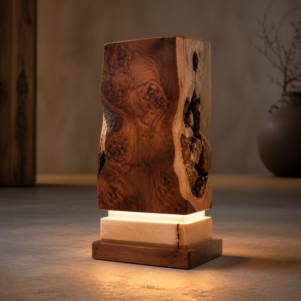 Walnut Burl and Maple Base Lamp shown as an original square photorealistic burl wood lamp dominated by authentic wood texture and warm diffused light