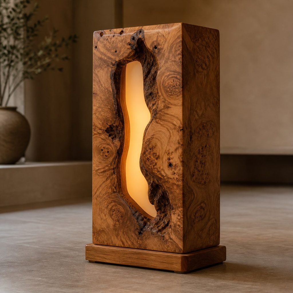 Elm Burl Opening Lamp shown as an original square photorealistic burl wood lamp dominated by authentic wood texture and warm diffused light