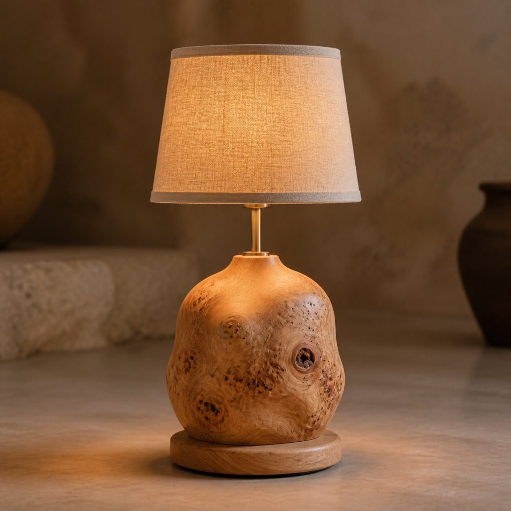 Beech Burl Bedside Lamp shown as an original square photorealistic burl wood lamp dominated by authentic wood texture and warm diffused light