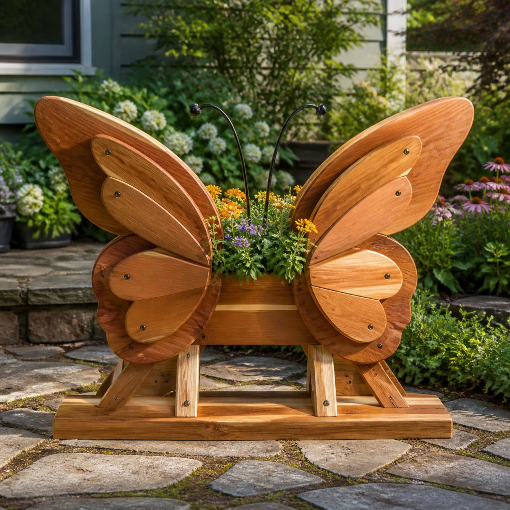 Classic Layered-Wing Butterfly shown as a square photorealistic cedar garden planter filled with cottage flowers