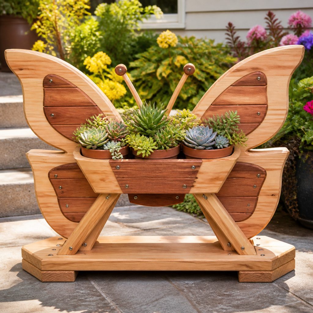 Compact Succulent-Wing Butterfly shown as a square photorealistic cedar garden planter filled with cottage flowers