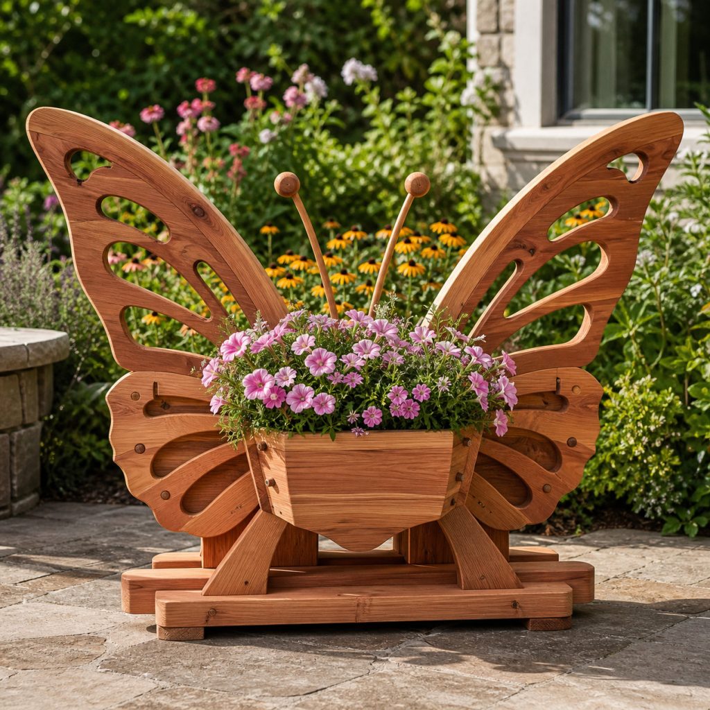 Pierced-Pattern Garden Butterfly shown as a square photorealistic cedar garden planter filled with cottage flowers