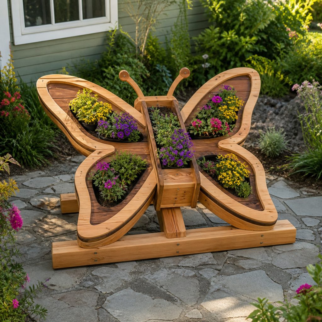 Low Runner-Base Butterfly shown as a square photorealistic cedar garden planter filled with cottage flowers