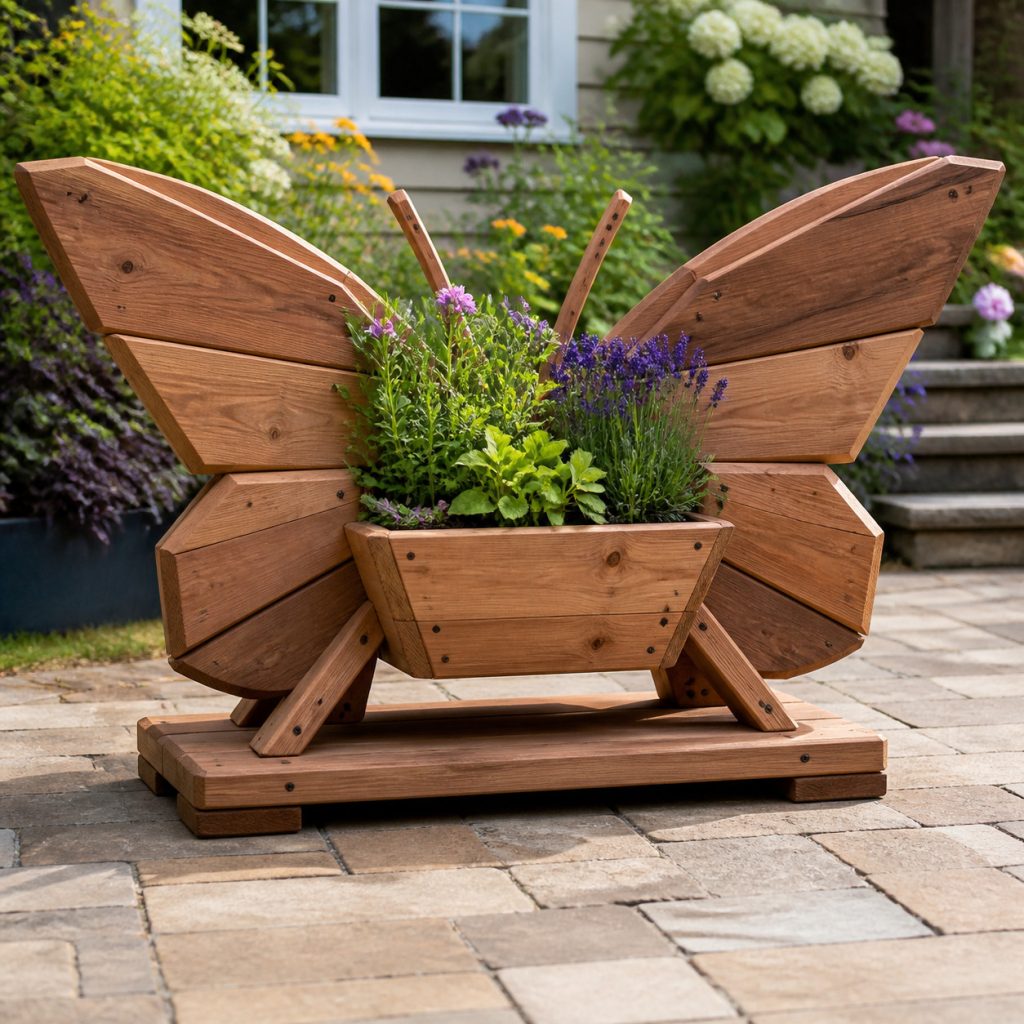 Modern Geometric Butterfly shown as a square photorealistic cedar garden planter filled with cottage flowers
