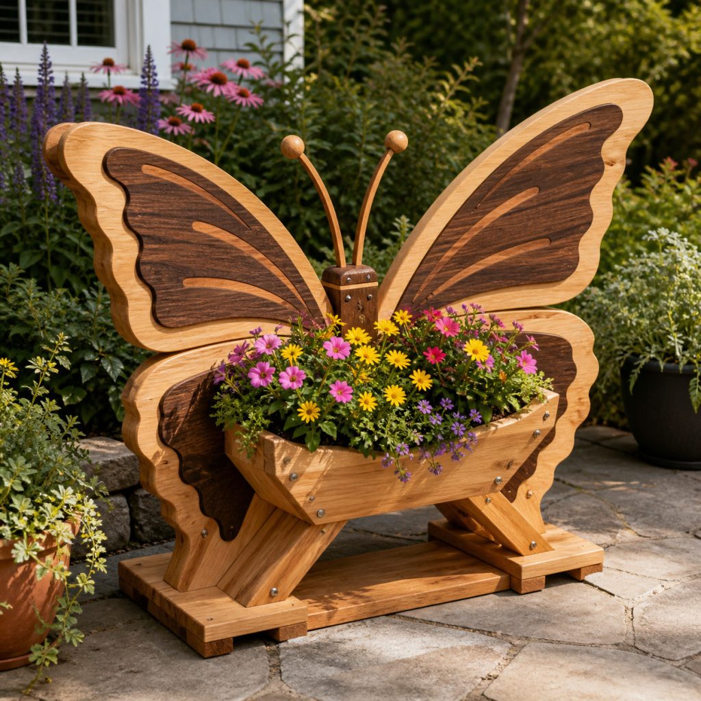 Two-Tone Cedar Butterfly shown as a square photorealistic cedar garden planter filled with cottage flowers