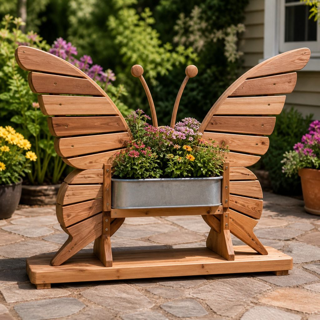 Rustic Slatted-Wing Butterfly shown as a square photorealistic cedar garden planter filled with cottage flowers