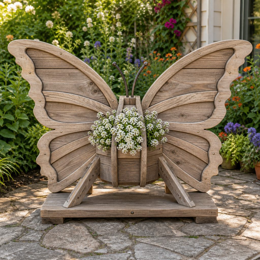 Weathered Cottage Butterfly shown as a square photorealistic cedar garden planter filled with cottage flowers