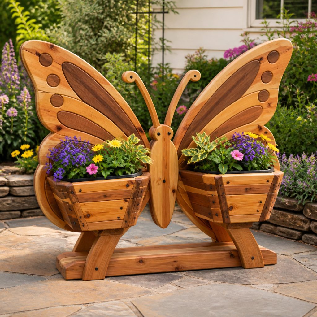 Twin-Pot Butterfly Planter shown as a square photorealistic cedar garden planter filled with cottage flowers