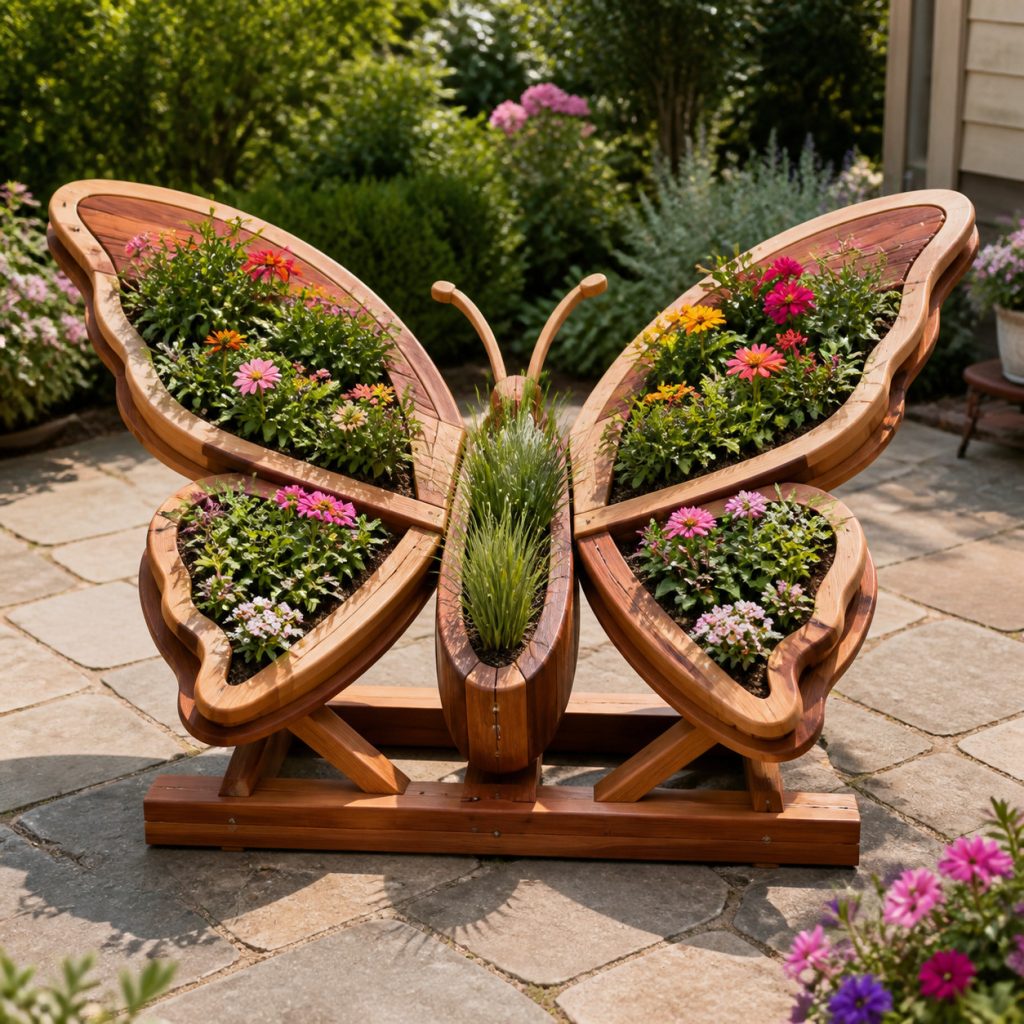 Large Grass-Filled Butterfly shown as a square photorealistic cedar garden planter filled with cottage flowers