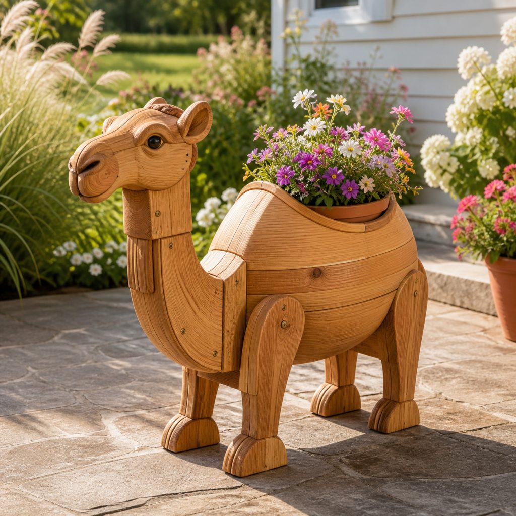 Compact Camel Calf Planter shown as a square photorealistic cedar garden planter filled with cottage flowers