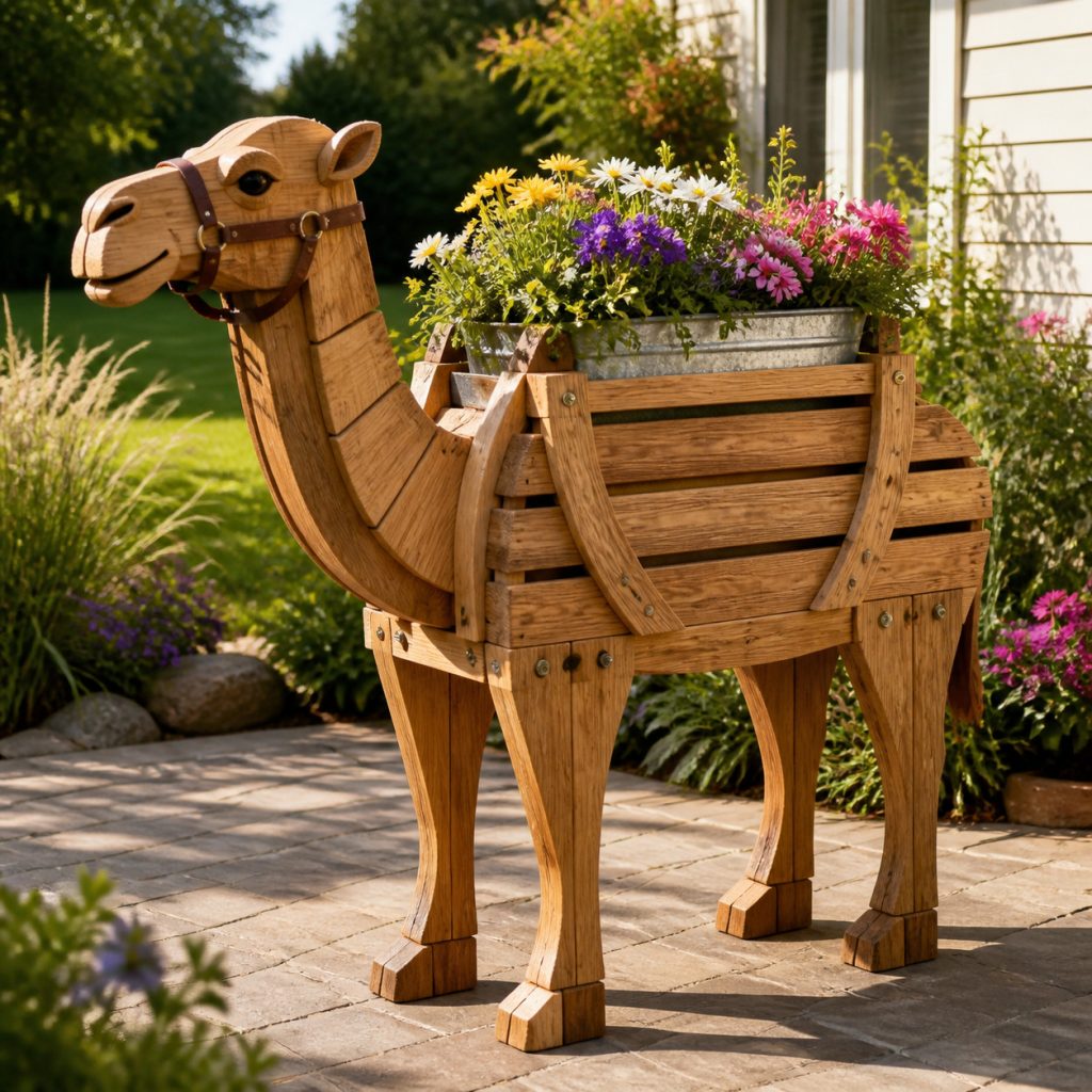 Rustic Slatted Garden Camel shown as a square photorealistic cedar garden planter filled with cottage flowers