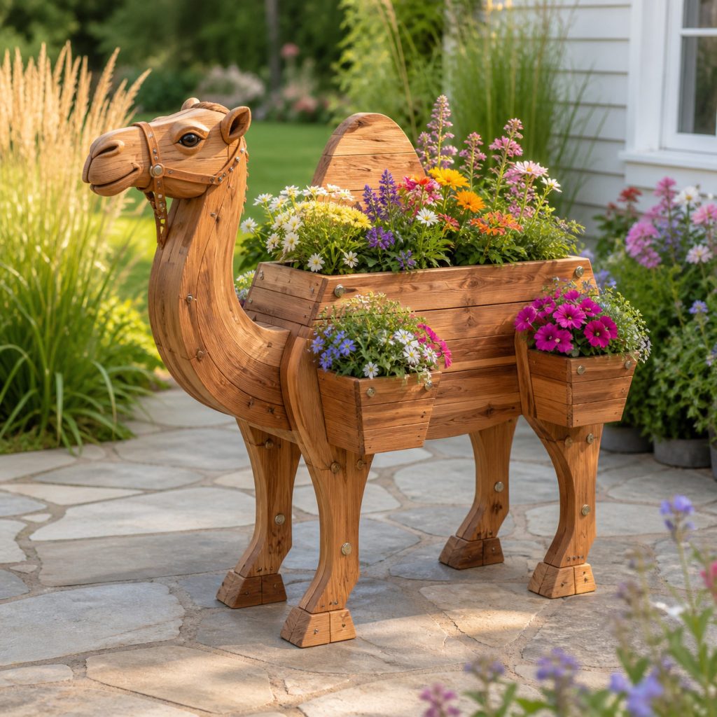 Pack Camel with Saddle Pots shown as a square photorealistic cedar garden planter filled with cottage flowers
