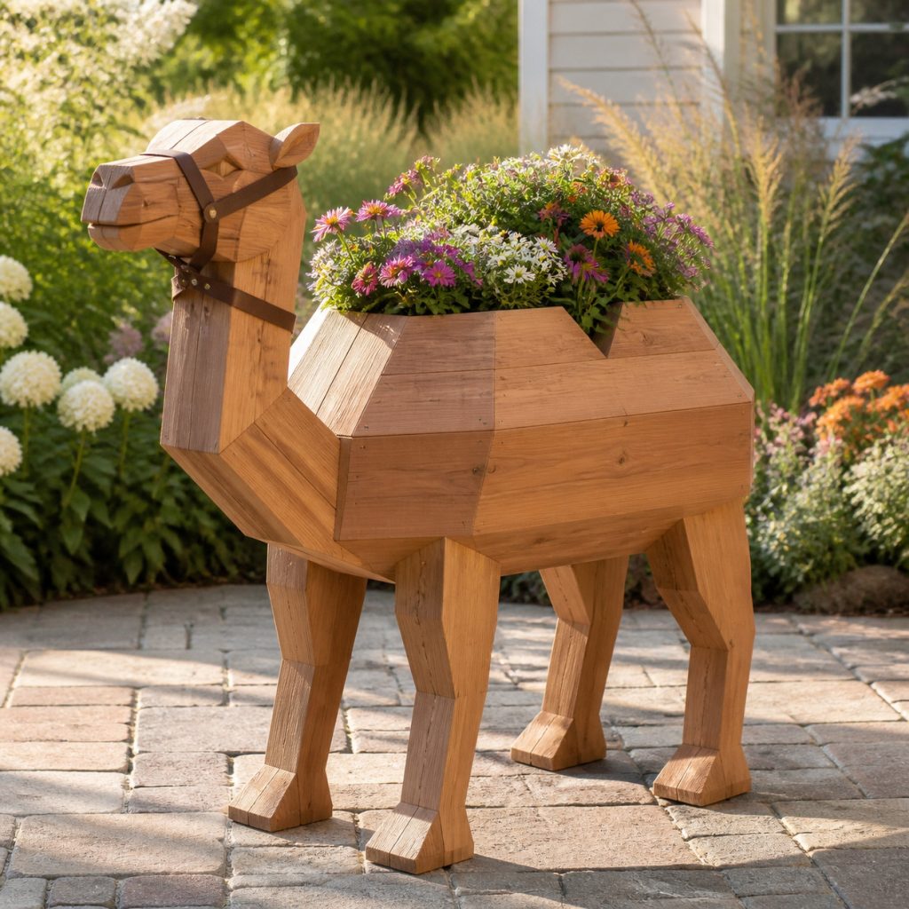 Modern Geometric Camel shown as a square photorealistic cedar garden planter filled with cottage flowers