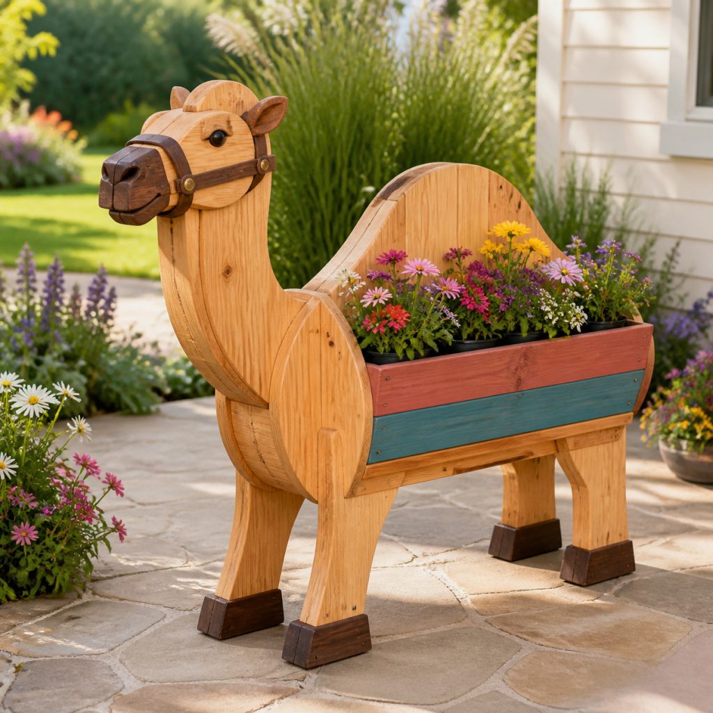 Two-Tone Cedar Camel shown as a square photorealistic cedar garden planter filled with cottage flowers