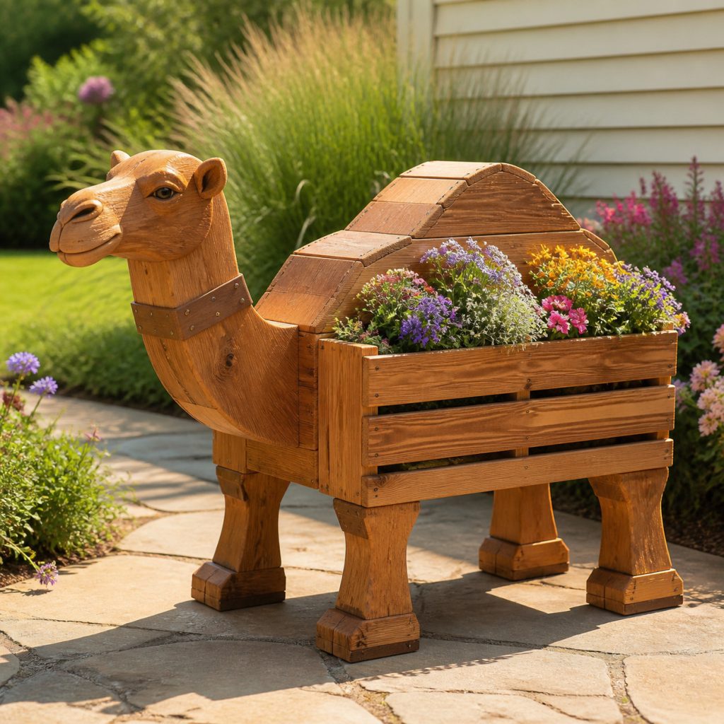Low Broad-Stance Camel shown as a square photorealistic cedar garden planter filled with cottage flowers