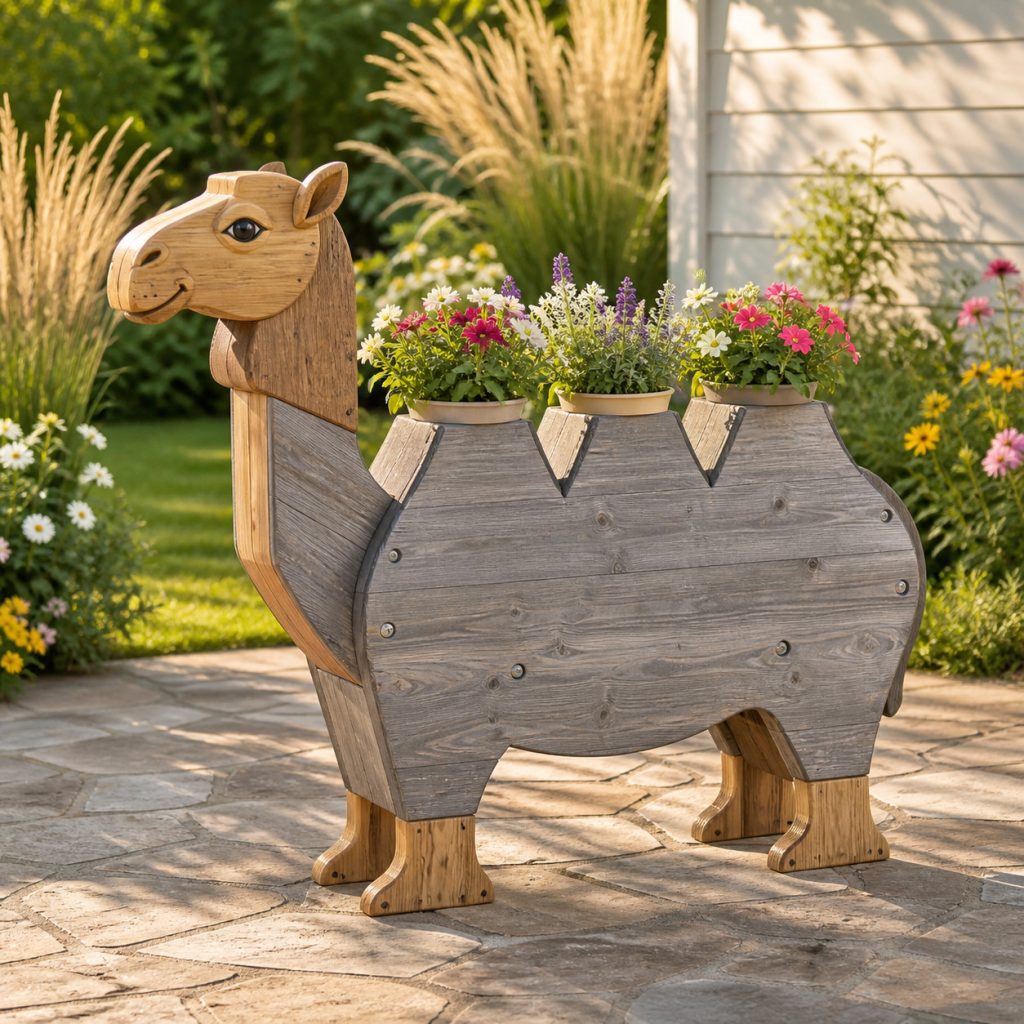 Weathered Cottage Camel shown as a square photorealistic cedar garden planter filled with cottage flowers