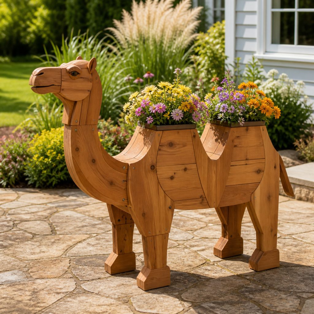 Two-Hump Flower-Pot Camel shown as a square photorealistic cedar garden planter filled with cottage flowers