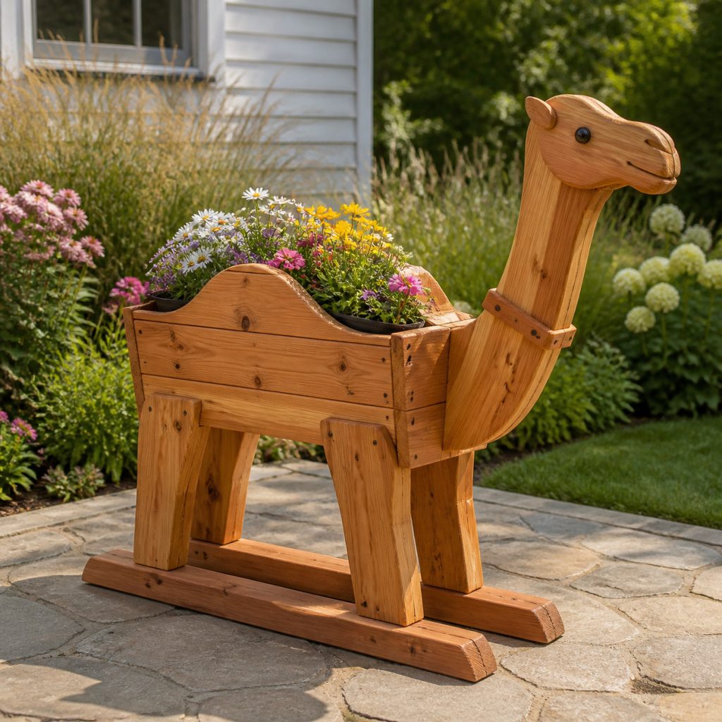 Young Camel on Base Rails shown as a square photorealistic cedar garden planter filled with cottage flowers