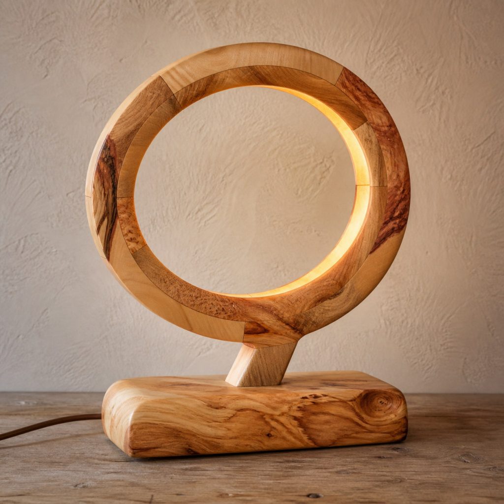 Camphor Wood Supported Oval-Portal Lamp shown as an original square photorealistic camphor wood lamp with natural honey tan to warm brown swirling grain, distinctive construction, and warm diffused light