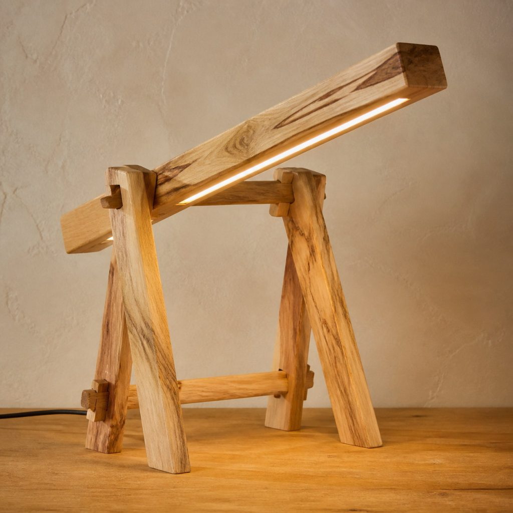 Camphor Wood Trestle-Task Lamp shown as an original square photorealistic camphor wood lamp with natural honey tan to warm brown swirling grain, distinctive construction, and warm diffused light