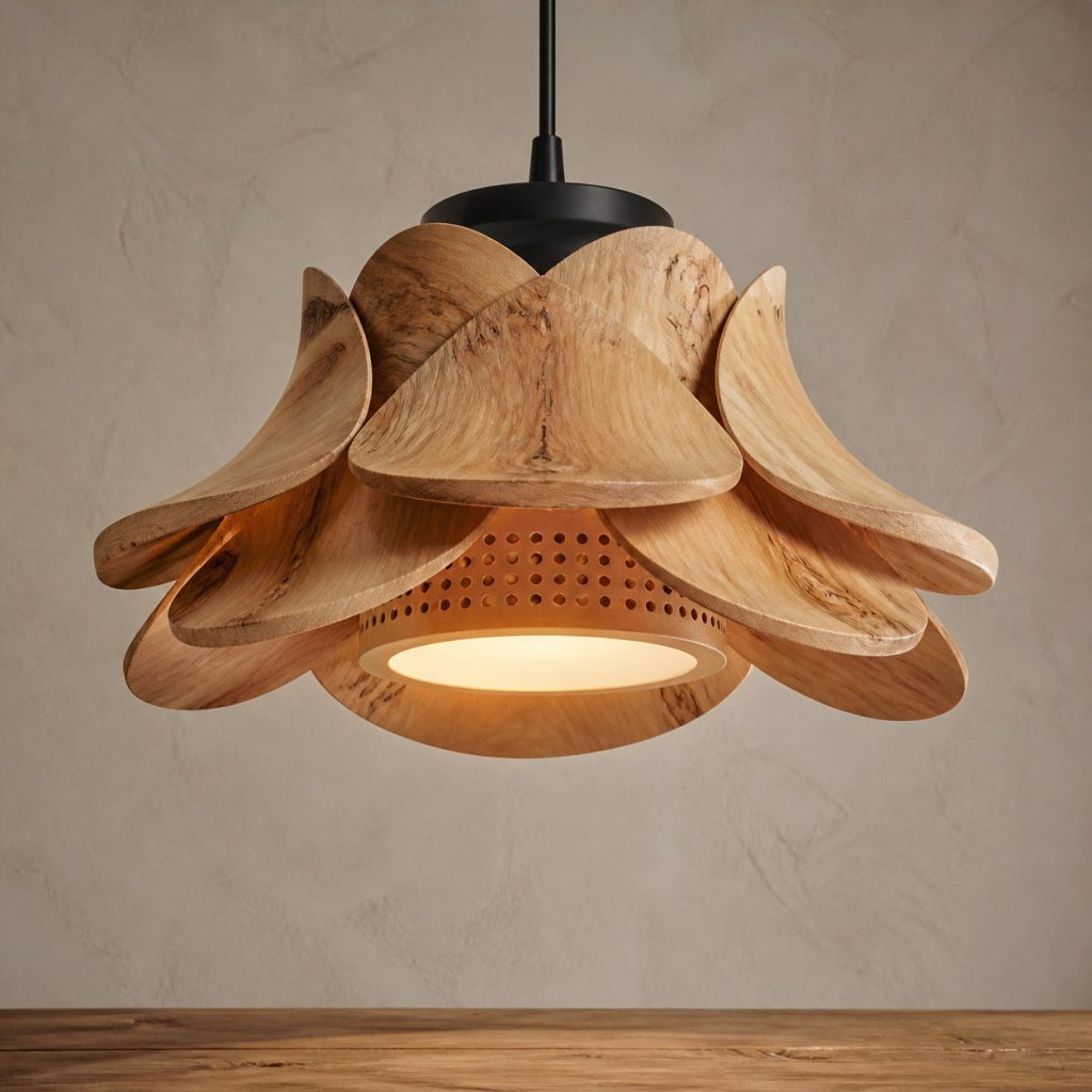 Camphor Wood Layered-Blossom Pendant shown as an original square photorealistic camphor wood lamp with natural honey tan to warm brown swirling grain, distinctive construction, and warm diffused light
