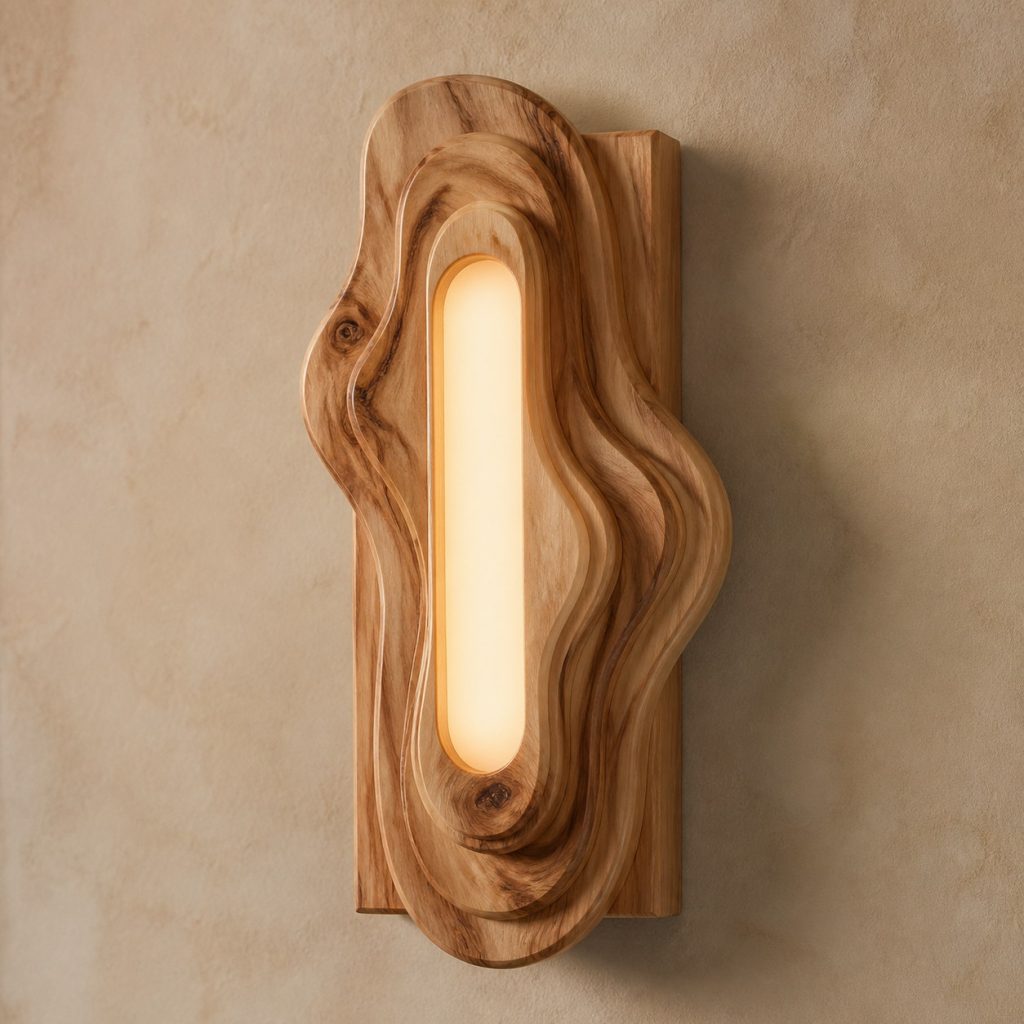 Camphor Wood Flowing-Contour Sconce shown as an original square photorealistic camphor wood lamp with natural honey tan to warm brown swirling grain, distinctive construction, and warm diffused light