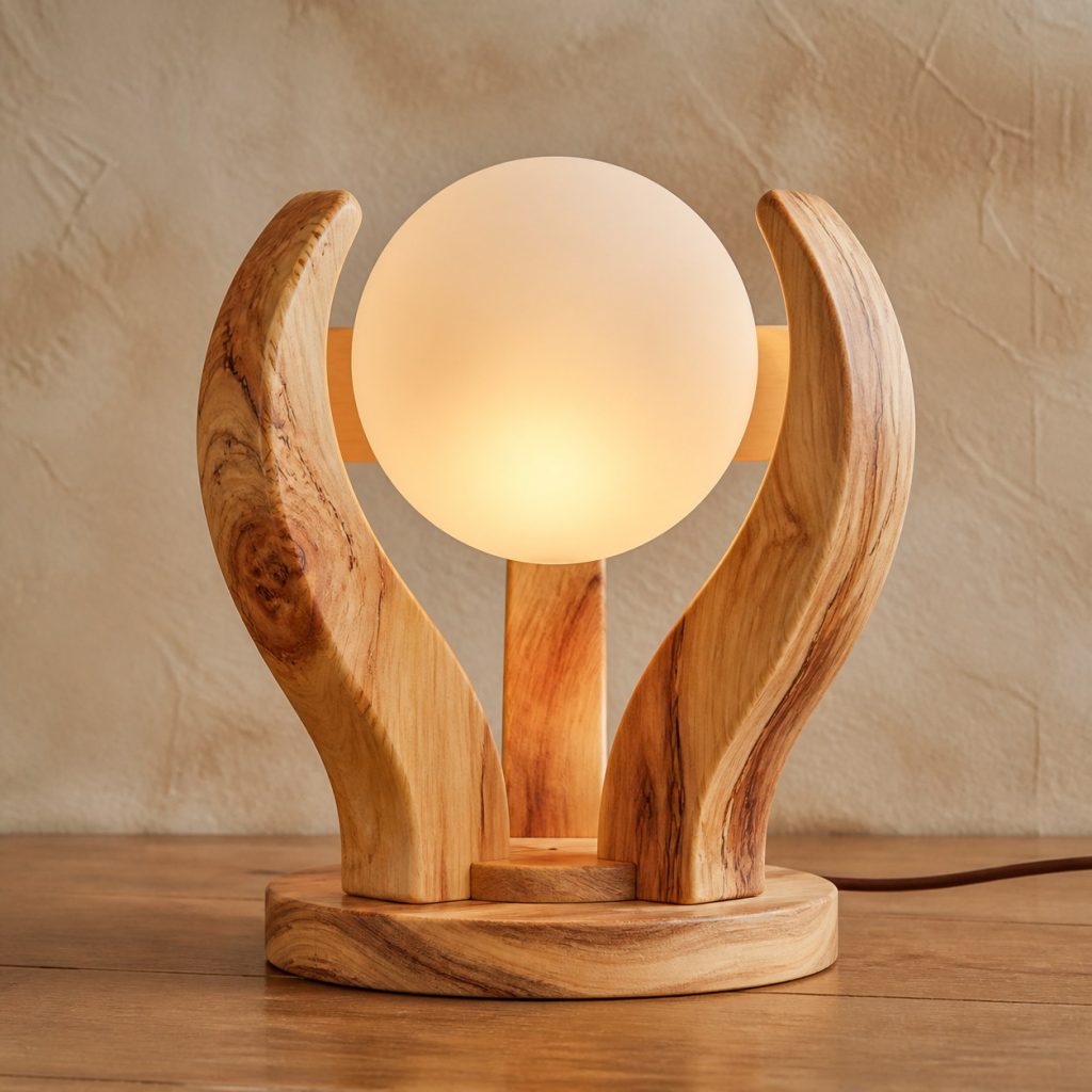 Camphor Wood Three-Claw Orb Lamp shown as an original square photorealistic camphor wood lamp with natural honey tan to warm brown swirling grain, distinctive construction, and warm diffused light