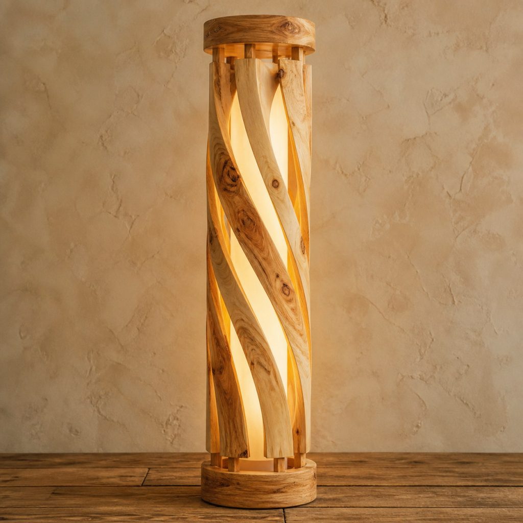 Camphor Wood Spiral-Vane Floor Tower shown as an original square photorealistic camphor wood lamp with natural honey tan to warm brown swirling grain, distinctive construction, and warm diffused light
