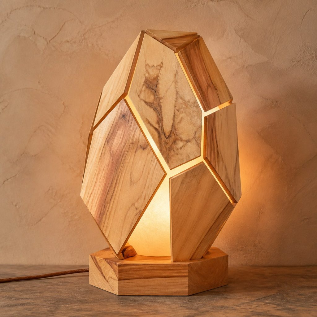 Camphor Wood Faceted-Crystal Lamp shown as an original square photorealistic camphor wood lamp with natural honey tan to warm brown swirling grain, distinctive construction, and warm diffused light