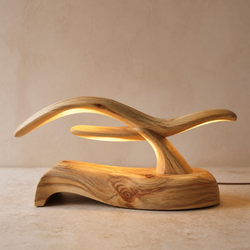 Camphor Wood Double-Wave Bridge Lamp shown as an original square photorealistic camphor wood lamp with natural honey tan to warm brown swirling grain, distinctive construction, and warm diffused light