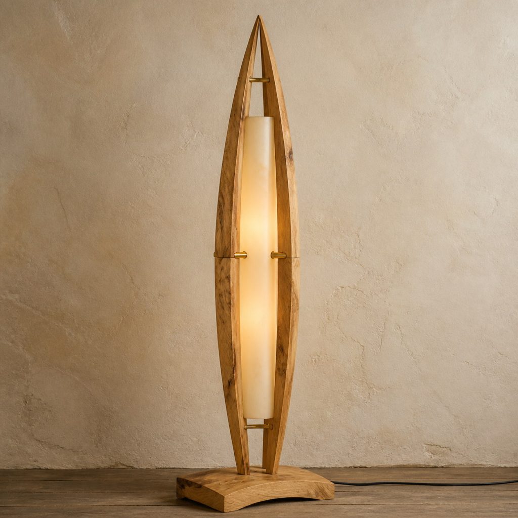 Camphor Wood Tall Canoe-Frame Floor Lamp shown as an original square photorealistic camphor wood lamp with natural honey tan to warm brown swirling grain, distinctive construction, and warm diffused light