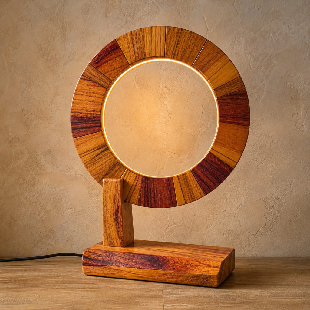 Canarywood Segmented Sun-Ring Lamp shown as an original square photorealistic canarywood lamp with natural golden yellow to orange-brown striped grain, distinctive construction, and warm diffused light