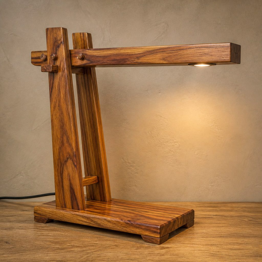Canarywood Cantilever-Bridge Lamp shown as an original square photorealistic canarywood lamp with natural golden yellow to orange-brown striped grain, distinctive construction, and warm diffused light