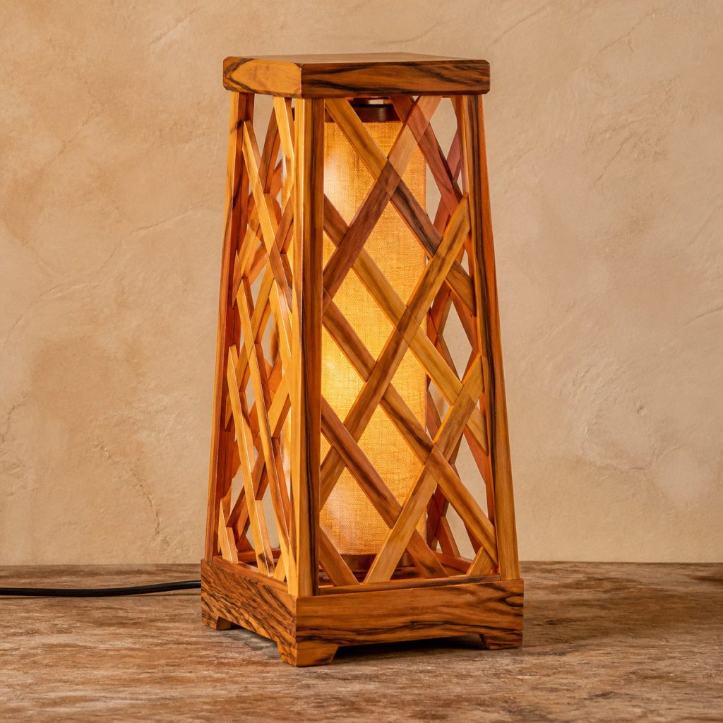Canarywood Tapered-Lattice Tower shown as an original square photorealistic canarywood lamp with natural golden yellow to orange-brown striped grain, distinctive construction, and warm diffused light