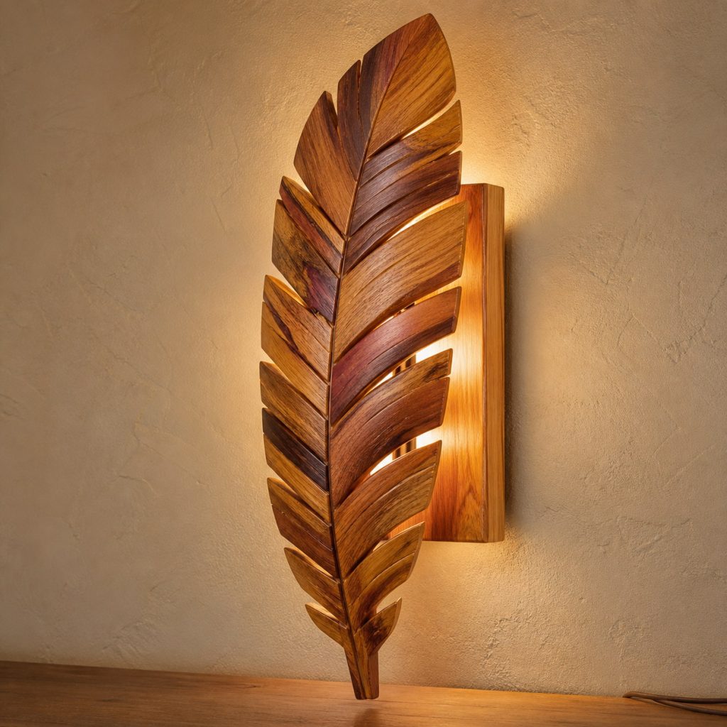 Canarywood Layered-Feather Sconce shown as an original square photorealistic canarywood lamp with natural golden yellow to orange-brown striped grain, distinctive construction, and warm diffused light