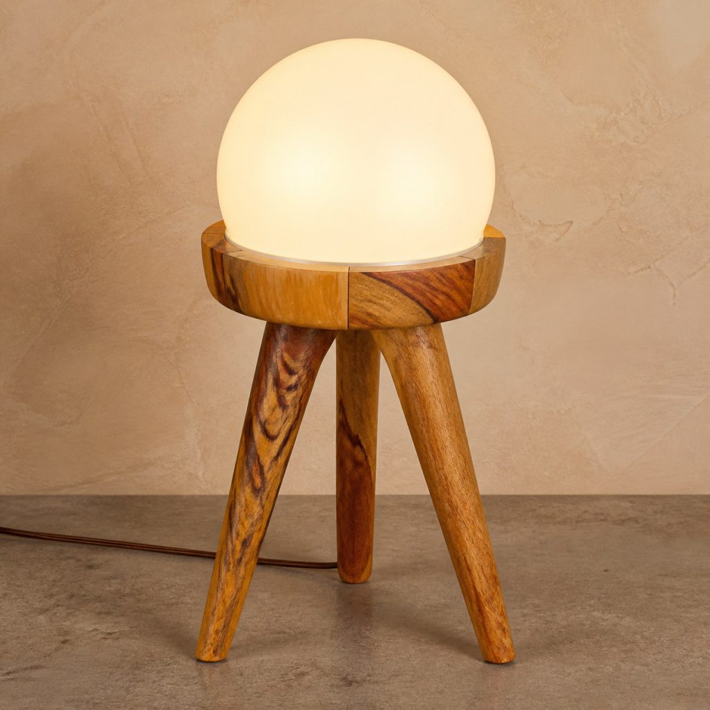 Canarywood Three-Legged Globe Lamp shown as an original square photorealistic canarywood lamp with natural golden yellow to orange-brown striped grain, distinctive construction, and warm diffused light