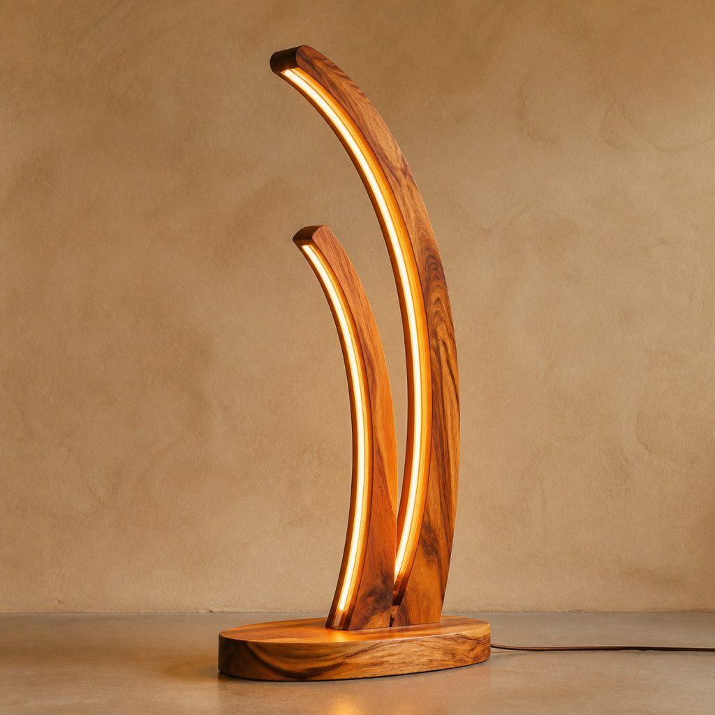 Canarywood Asymmetric Double-Arch Lamp shown as an original square photorealistic canarywood lamp with natural golden yellow to orange-brown striped grain, distinctive construction, and warm diffused light